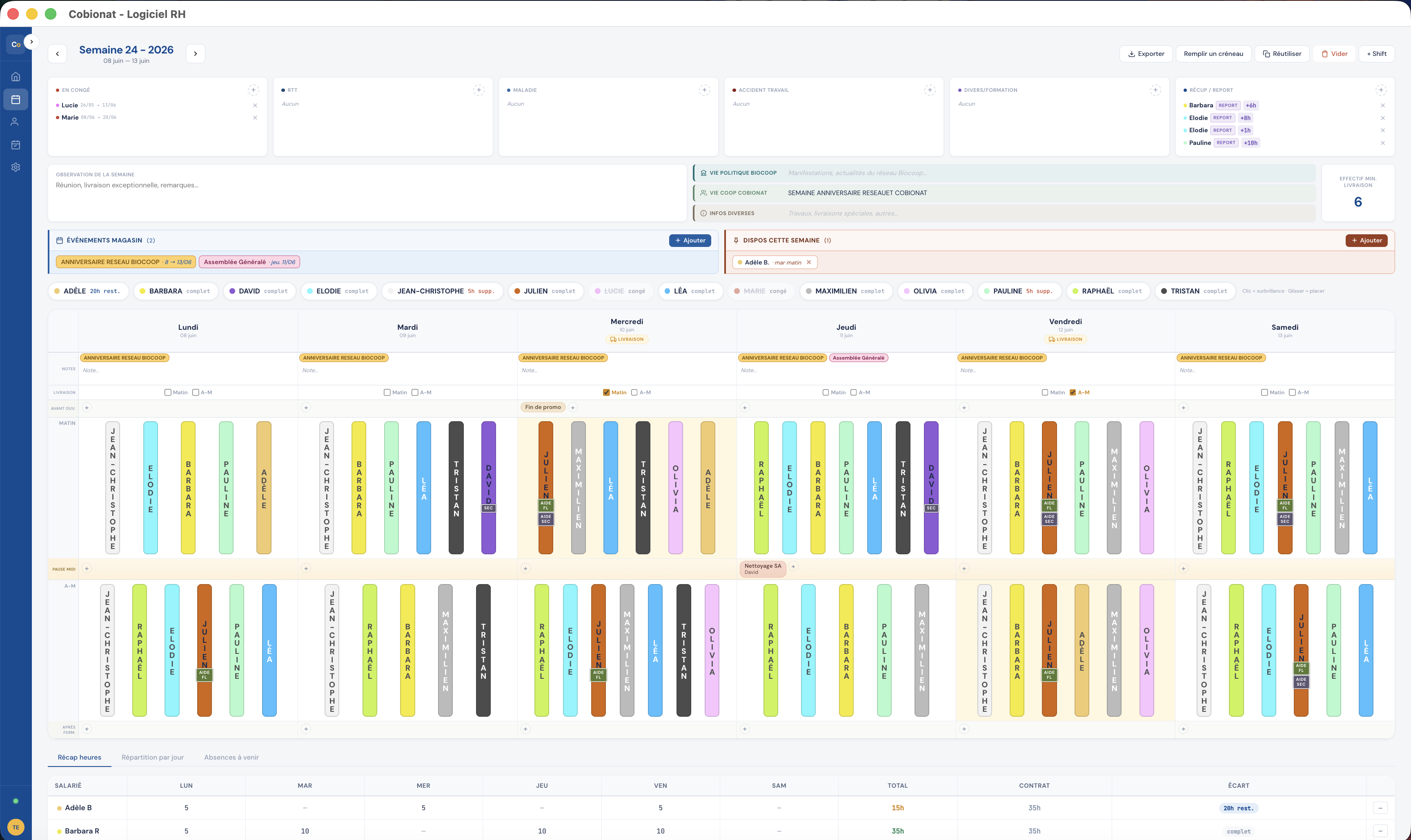 Logiciel de planning pour magasin bio : planning hebdomadaire en barres colorées avec badges rayons, compteurs d'heures, encadrés d'absences et alertes livraison